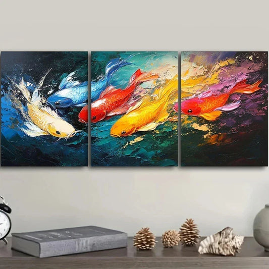 3pcs Abstract Colourful Fishes Red Blue & Gold Metal Print Ready to Hang Art