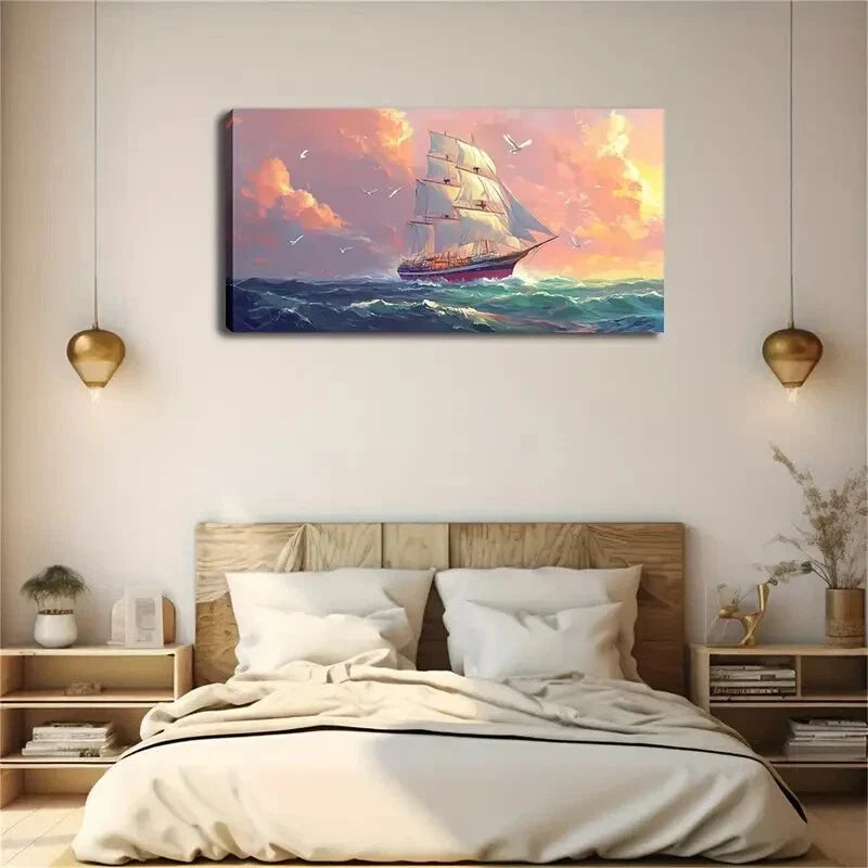 Serene Nautical Pink Sky Ocean Wall Art Canvas Office Home Room Framed 120x60cm