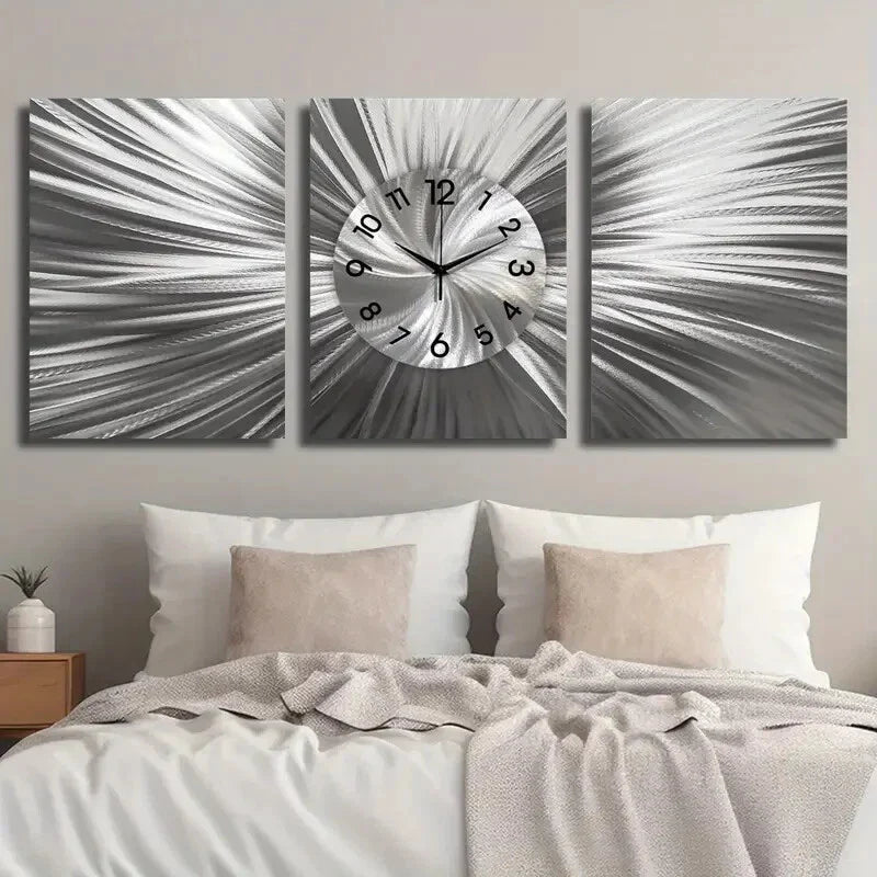 3pcs Unique Silver Wall Clock Abstract Design Metal Print Ready to Hang Art