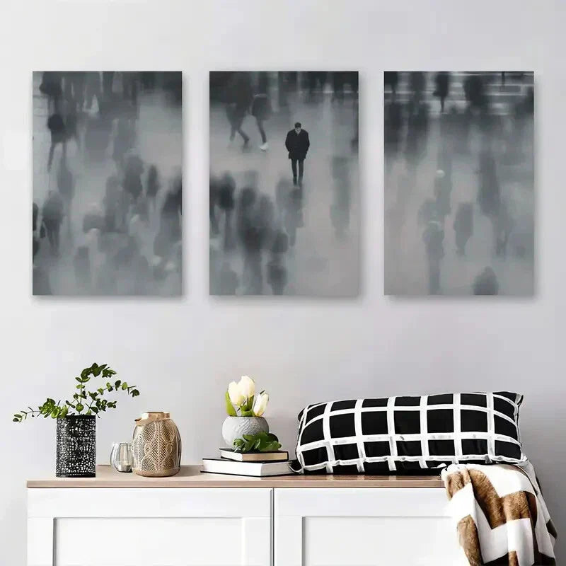 3pcs Black and White Blurry Crowd Metal Print Ready to Hang Art