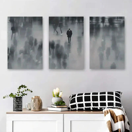 3pcs Black and White Blurry Crowd Metal Print Ready to Hang Art