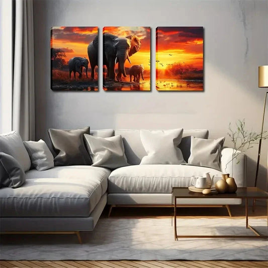 3pcs Walking Elephant At Sunset Wall Art Set Canvas Framed 40x60cm - High Quality Print 100% Australian Made Wall Canvas Ready to Hang