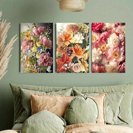 3pcs Vibrant Peony & Daylily Metal Print Ready to Hang Art