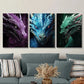 3pcs Vibrant Dragon Portraits in Purple, Blue Metal Print Ready to Hang Art