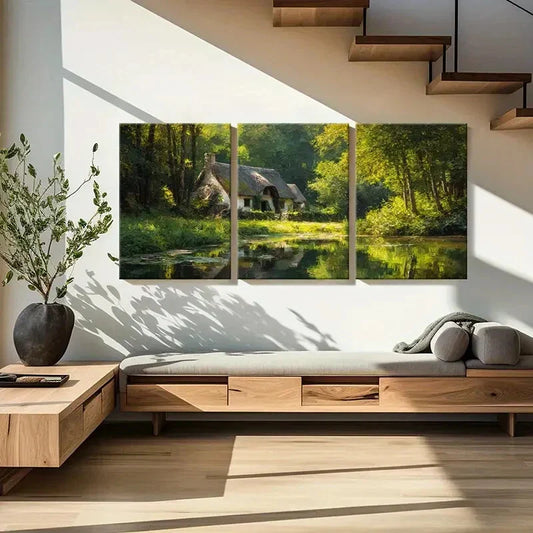 3pcs Rustic Cottage Forest Scene Serene Lake Metal Print Ready to Hang Art