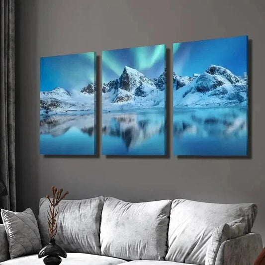 3pcs Northern Lights Over Lake in Norway Wall Art Set Canvas Framed 40x60cm - High Quality Print 100% Australian Made Wall Canvas Ready to Hang