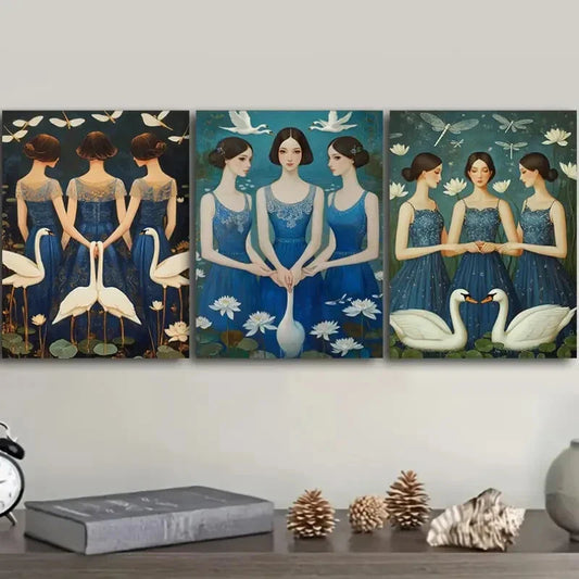 3pcs Elegant Blue & White Floral Design Metal Print Ready to Hang Art