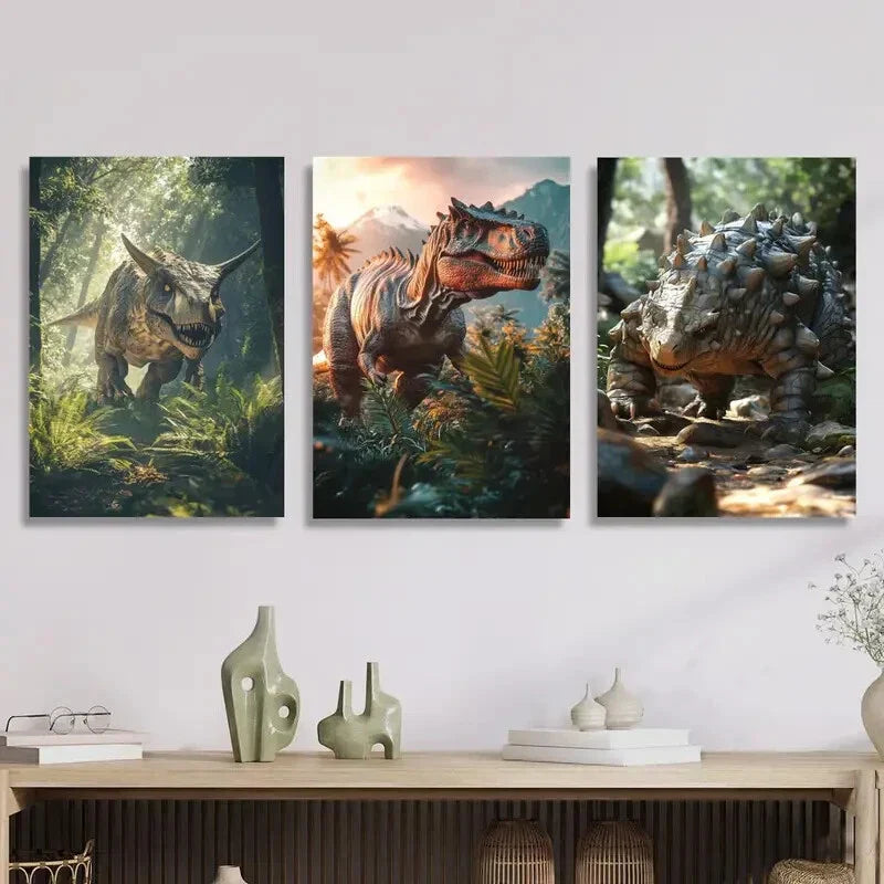3pcs  Dinosaur in the jungle, spiked monster  Metal Print Ready to Hang Art