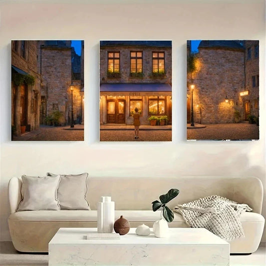 3pcs A Woman Standing Before a Majestic Metal Print Ready to Hang Art