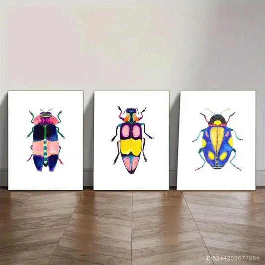 3pcs Colorful Insect Art Bright and Bold Style Metal Print Ready to Hang Art