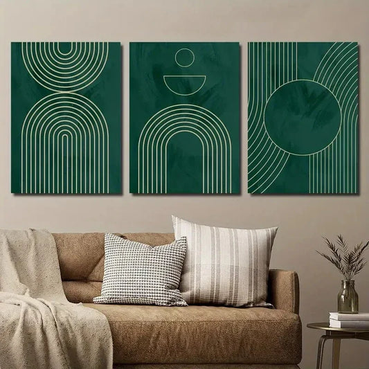 3pcs Abstract Green Line Arch Metal Print Ready to Hang Art