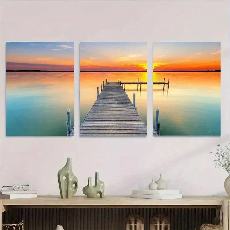 3pcs Serene Lake & Pier Scenes Landscape Wall Art Set Canvas Framed 40x60cm - High Quality Print 100% Australian Made Wall Canvas Ready to Hang