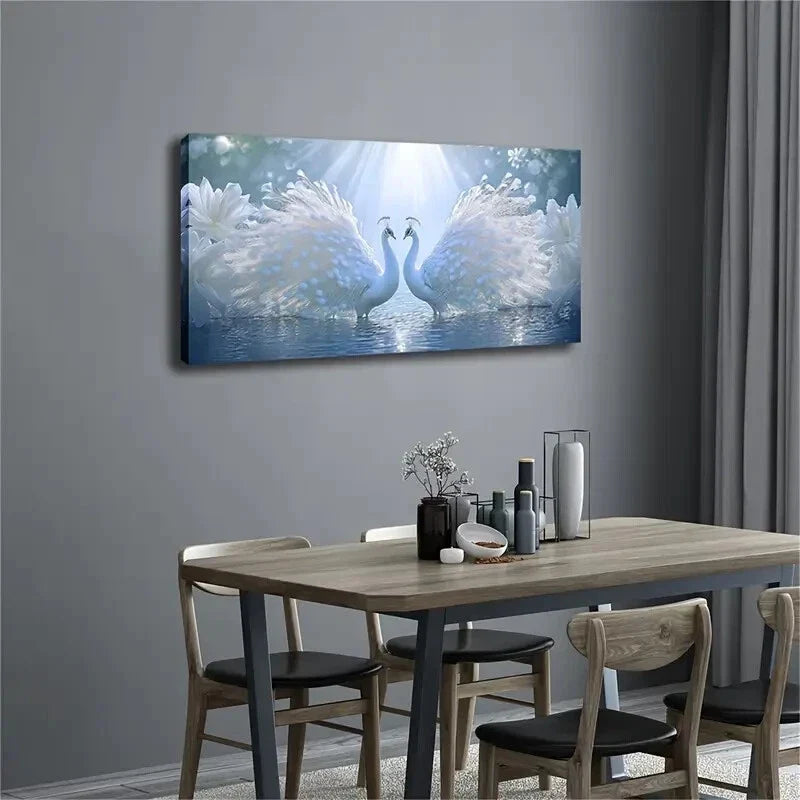 Realistic White Peacocks Wall Art Canvas Office Home Room Framed 80x45cm