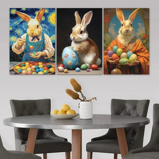 3pcs King Bunny Eating Sweets Colourful Eggs Metal Print Ready to Hang Art