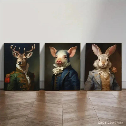 3pcs Dark Aesthetic Deer Pig Rabbit Dress Animal Metal Print Ready to Hang Art