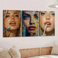 3pcs Abstract Face Makeup Vibrant Blue & Golden Wall Art Set Canvas Framed 40x60cm - High Quality Print 100% Australian Made Wall Canvas Ready to Hang