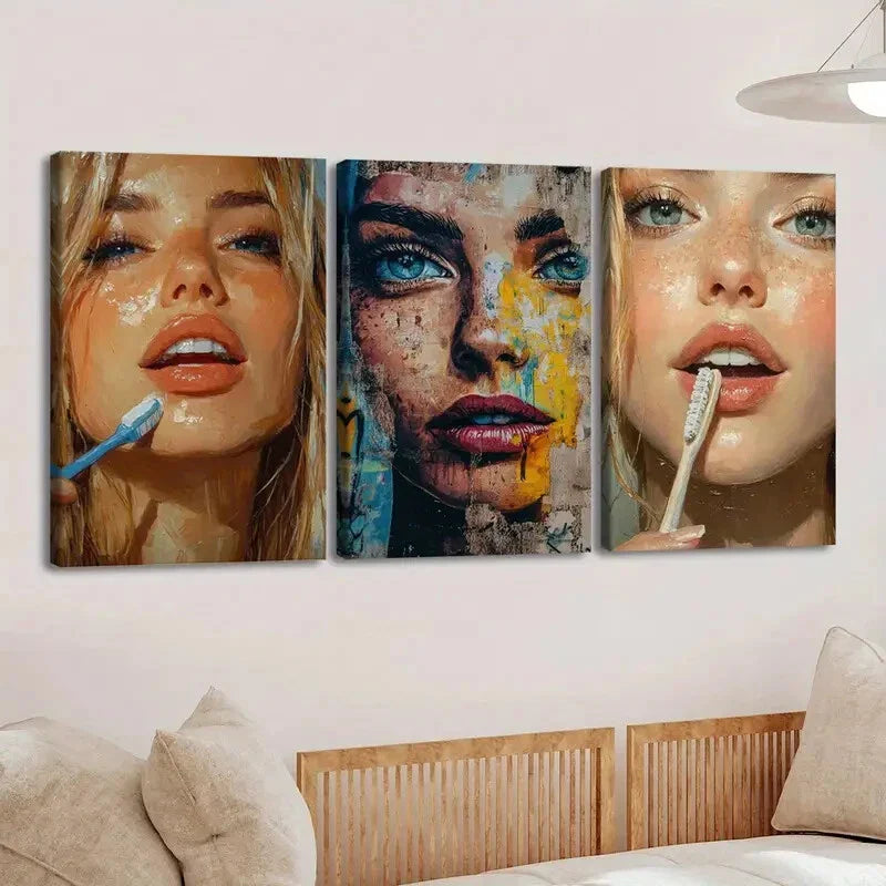 3pcs Abstract Face Makeup Vibrant Blue & Golden Wall Art Set Canvas Framed 40x60cm - High Quality Print 100% Australian Made Wall Canvas Ready to Hang