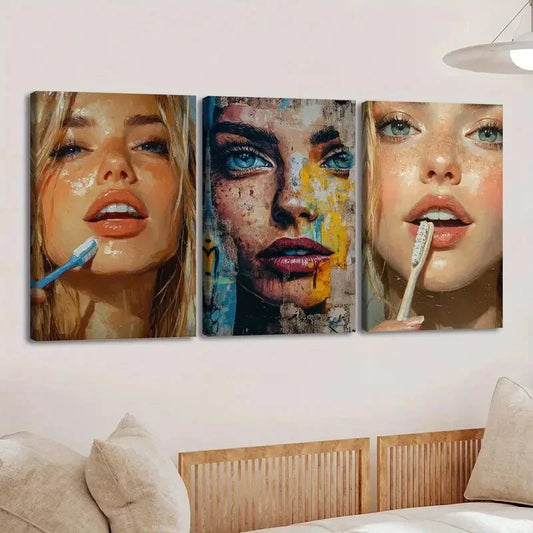 3pcs Abstract Face Makeup Vibrant Blue & Golden Wall Art Set Canvas Framed 40x60cm - High Quality Print 100% Australian Made Wall Canvas Ready to Hang