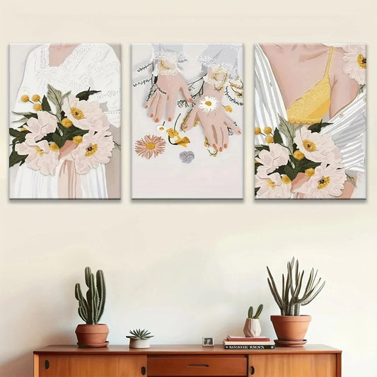 3pcs Elegant Flowers Black and White Design Metal Print Ready to Hang Art