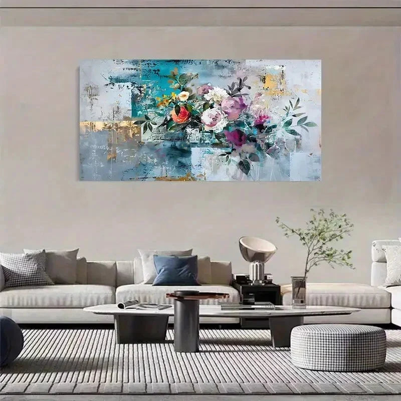 Floral Metallic Abstract Mural Wall Art Canvas Office Home Room Framed 120x60cm