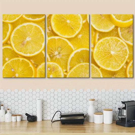 3pcs Sliced Ripe Lemons Pattern Modern Metal Print Ready to Hang Art