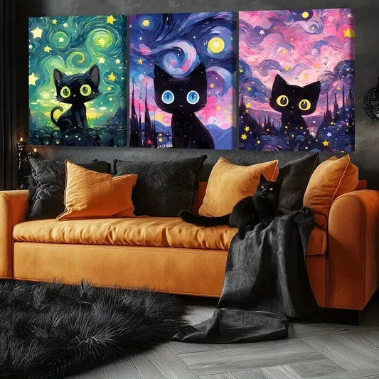 3pcs Cute Black Cat Fantasy Decorations Wall Art Set Canvas Framed 40x60cm - High Quality Print 100% Australian Made Wall Canvas Ready to Hang
