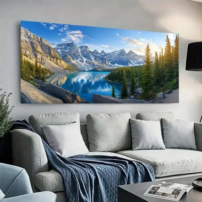 Sunlit Mountain and Lake wall canvas office home room framed 120x60cm
