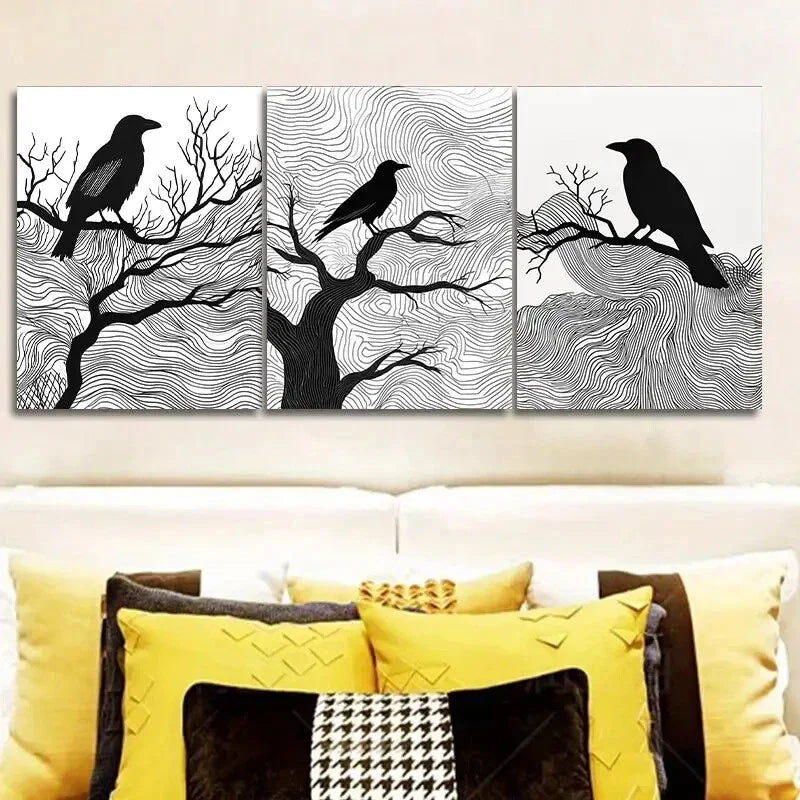 3pcs Black Crow on Tree Branches Wall Art Set Canvas Framed 40x60cm - High Quality Print 100% Australian Made Wall Canvas Ready to Hang