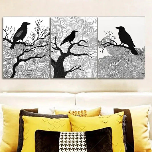 3pcs Black Crow on Tree Branches Wall Art Set Canvas Framed 40x60cm - High Quality Print 100% Australian Made Wall Canvas Ready to Hang