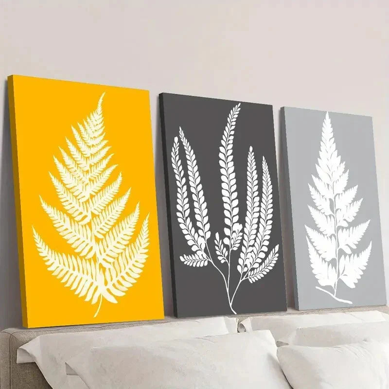 3pcs  Mustard Yellow And Grey Leaves Print Wall Art Set Canvas Framed 40x60cm - High Quality Print 100% Australian Made Wall Canvas Ready to Hang