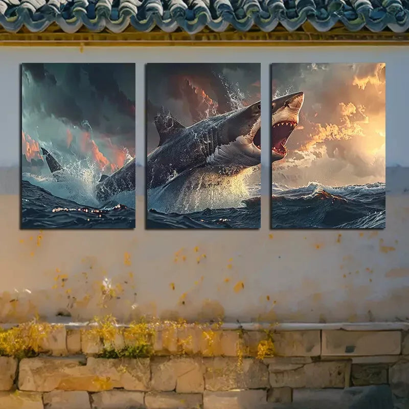 3pcs Large Shark Swimming Over An Ocean Canvas Framed 40x60cm - High Quality Print 100% Australian Made Wall Canvas Ready to Hang