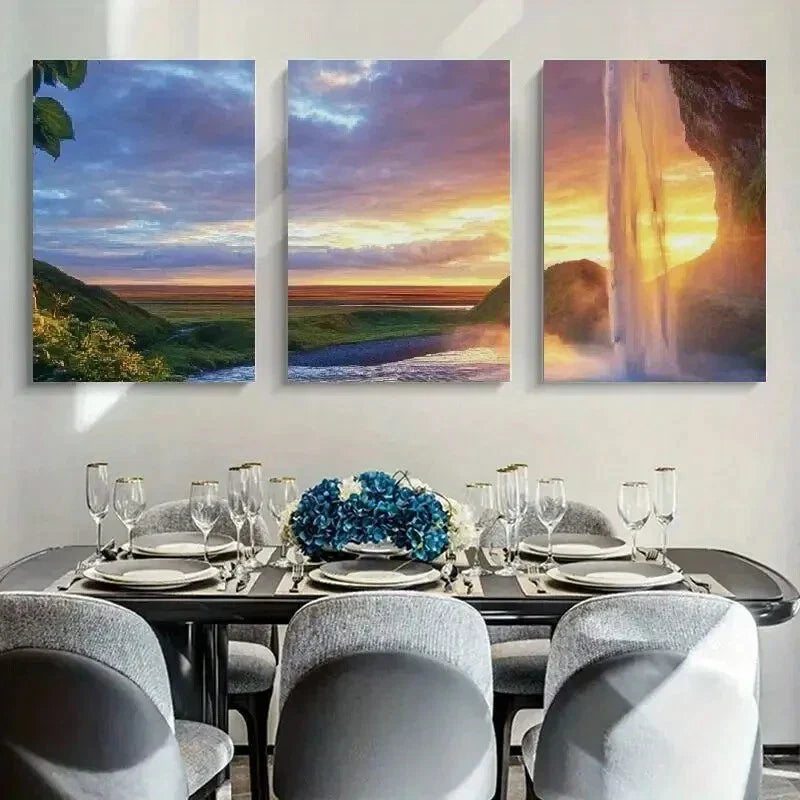 3pcs Waterfall Cave Sunset Green Grasses Metal Print Ready to Hang Art