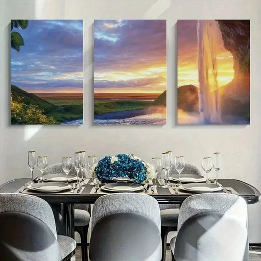 3pcs Waterfall Cave Sunset Green Grasses Metal Print Ready to Hang Art