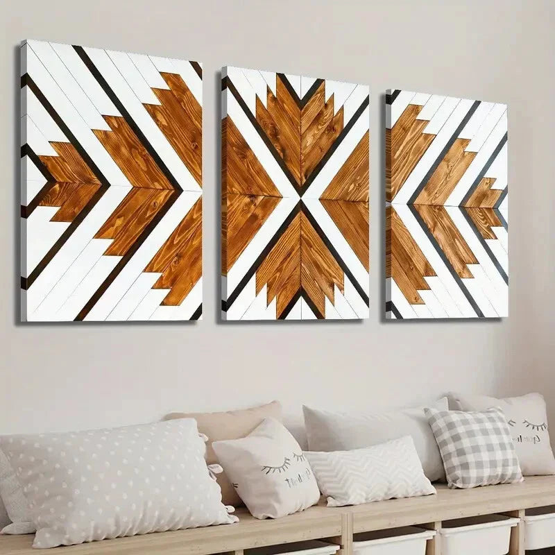 3pcs Geometric Wood Decor Wall Art Set Canvas Framed 40x60cm - High Quality Print 100% Australian Made Wall Canvas Ready to Hang