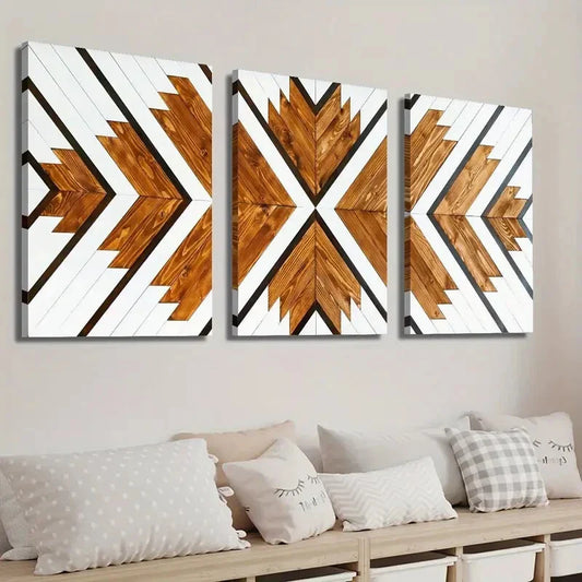 3pcs Geometric Wood Decor Wall Art Set Canvas Framed 40x60cm - High Quality Print 100% Australian Made Wall Canvas Ready to Hang