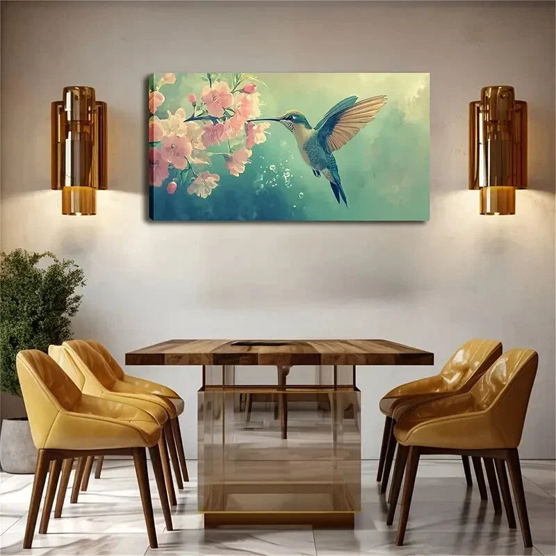 Hummingbird & Pink Flowers Wall Art Canvas Office Home Room Framed 120x60cm