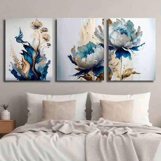 3pcs Blue and Golden Plant Flower Animal Bird Metal Print Ready to Hang Art