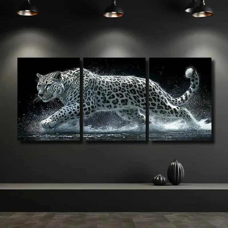 3pcs White Leopard Panther Mural Wall Art Set Canvas Framed 40x60cm - High Quality Print 100% Australian Made Wall Canvas Ready to Hang