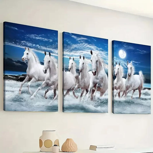 3pcs Symbolizing Success Galloping Horse, Wishes Wall Art Set Canvas Framed 40x60cm - High Quality Print 100% Australian Made Wall Canvas Ready to Hang