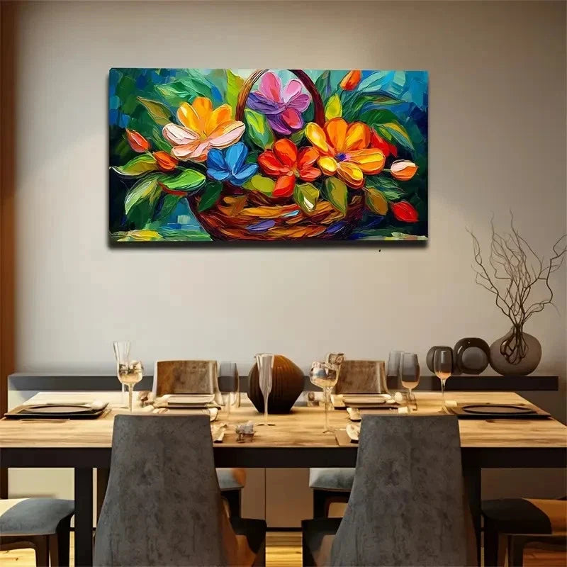Vibrant Floral Basket Wall Art Canvas Office Home Room Framed 80x45cm