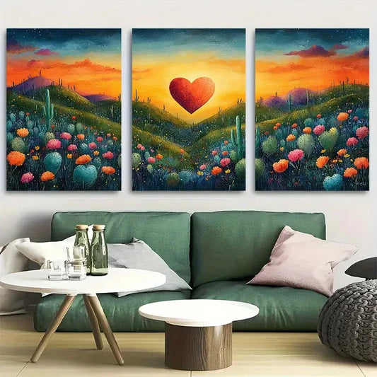 3pcs Vibrant Heart Shaped Cactus Garden Metal Print Ready to Hang Art