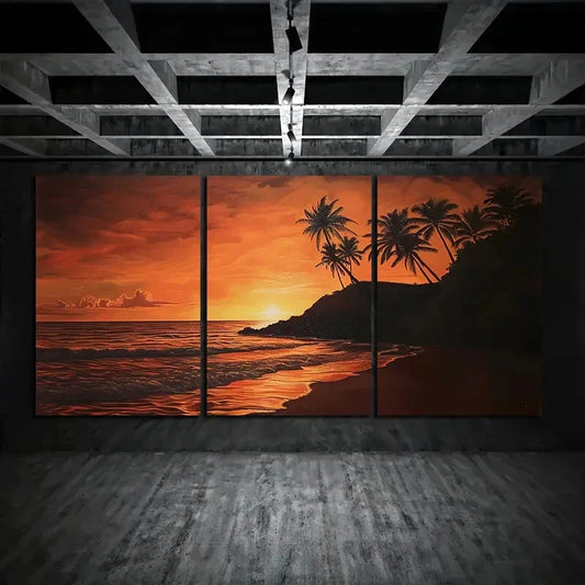 3pcs Palm Tree Silhouette Sunset Beach Metal Print Ready to Hang Art