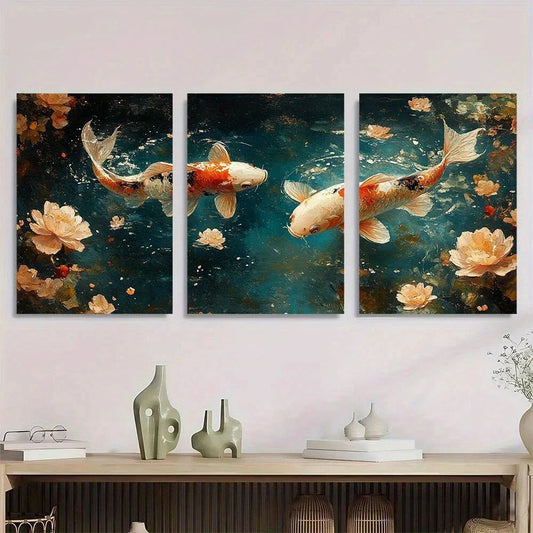 3pcs Fish Patterns Playing on Lake Water Metal Print Ready to Hang Art