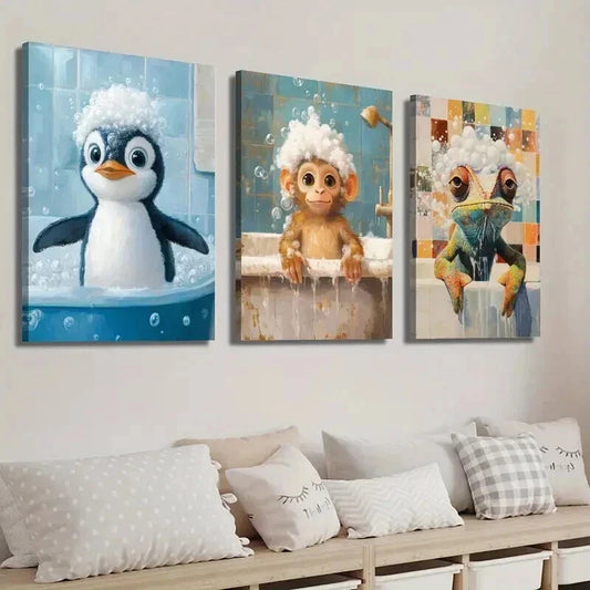 3pcs Cute Penguin Monkey Chameleon in Bathtub Wall Art Set Canvas Framed 40x60cm - High Quality Print 100% Australian Made Wall Canvas Ready to Hang