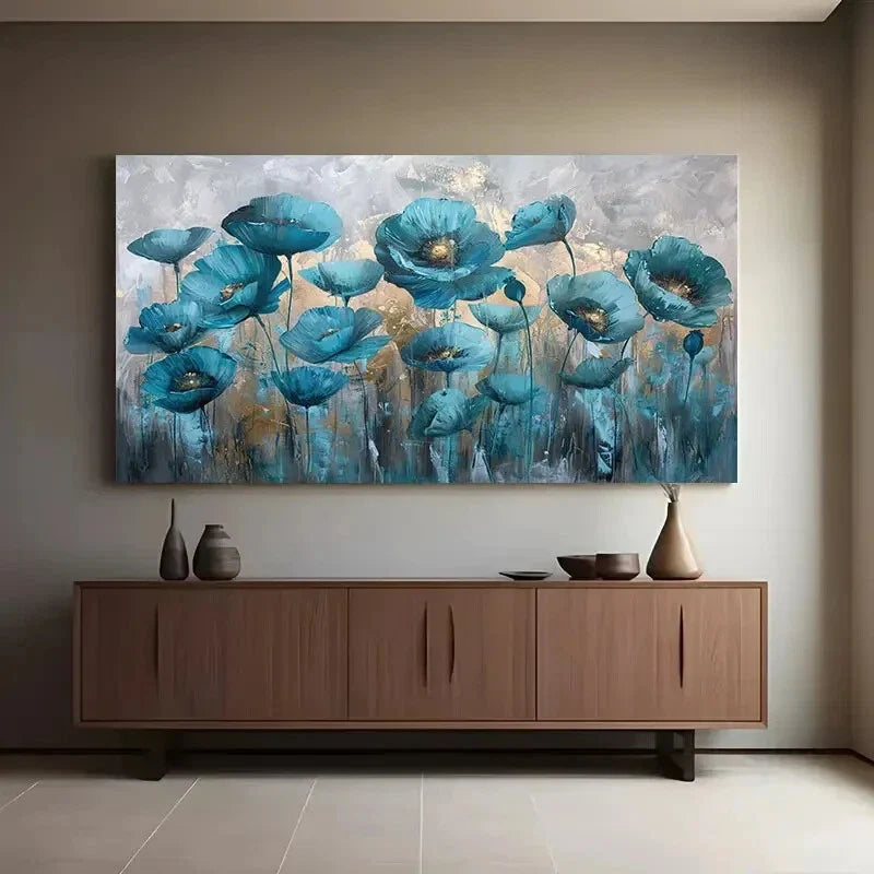 Blue Poppies Textured Abstract Wall Art Canvas Office Home Room Framed 80x45cm