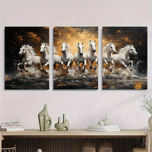 3pcs Galloping White Horses Vibrant Golden & Black Metal Print Ready to Hang Art