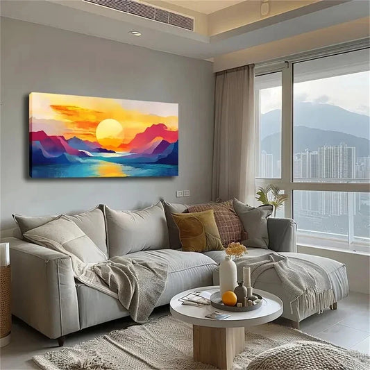 Vibrant Sunset Mountain Lands Wall Art Canvas Office Home Room Framed 120x60cm