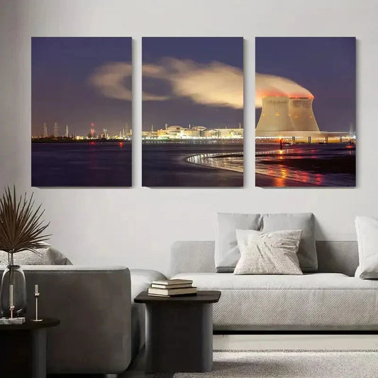 3pcs Nighttime Nuclear Power Plant Metal Print Ready to Hang Art