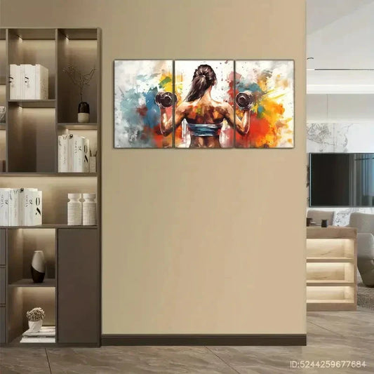 3pcs Stylish Girl Lifting Dumbbells Oil Painting Metal Print Ready to Hang Art