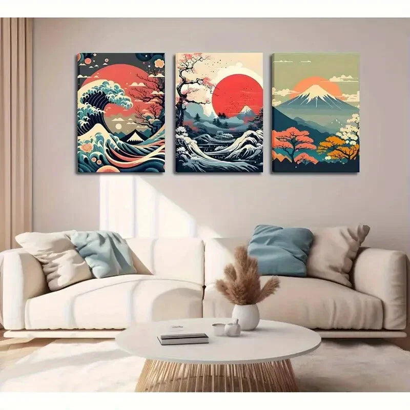 3pcs Kanagawa Giant Wave, Mount Fuji & Cherry Metal Print Ready to Hang Art